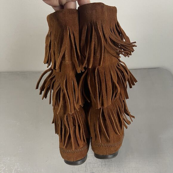 Minnetonka 3-Layer Fringe Suede Leather Moccasin Boots Size 8 Brown Boho Comfy - Picture 6 of 12